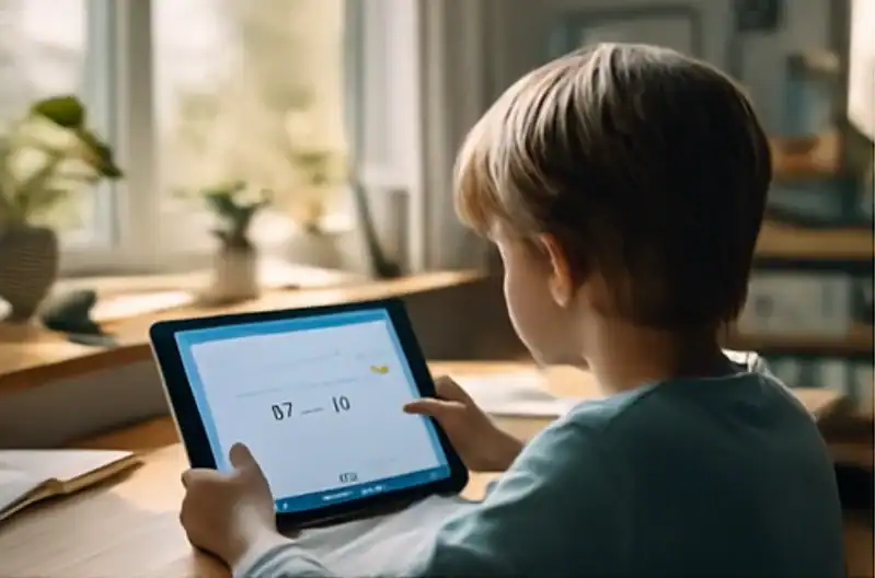 Kind arbeitet mit einer Mathe App am Tablet und löst Rechenaufgaben.