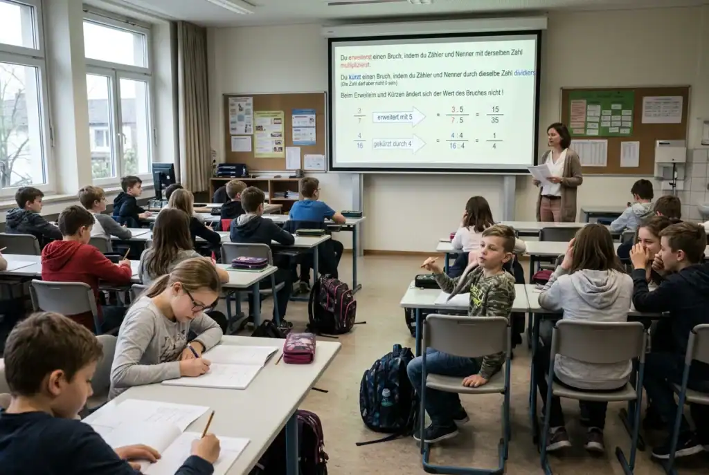 Schüler schreiben Merkstoff im Mathematikunterricht vom Beamer ab