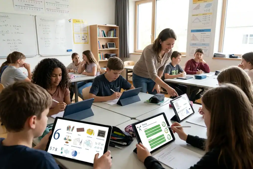 Schüler/innen arbeiten konzentriert an Matheübungen im Unterricht mit Unterstützung der Lehrerin.