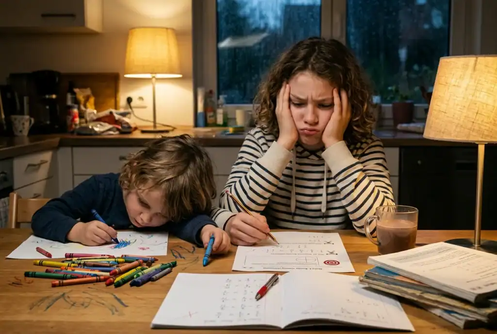 Schülerin versteht Mathematik-Hausübung nicht und sitzt frustriert am Tisch